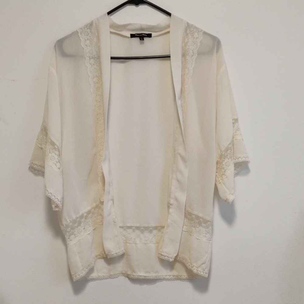 Max and Riley | Cream Sheer Flutter Sleeve Lightweight Open-Front Cardigan | S